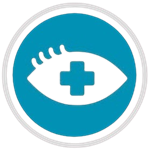 Icono: circulo azul con un ojo y una cruz sanitaria blanca que representa la Terapia visual